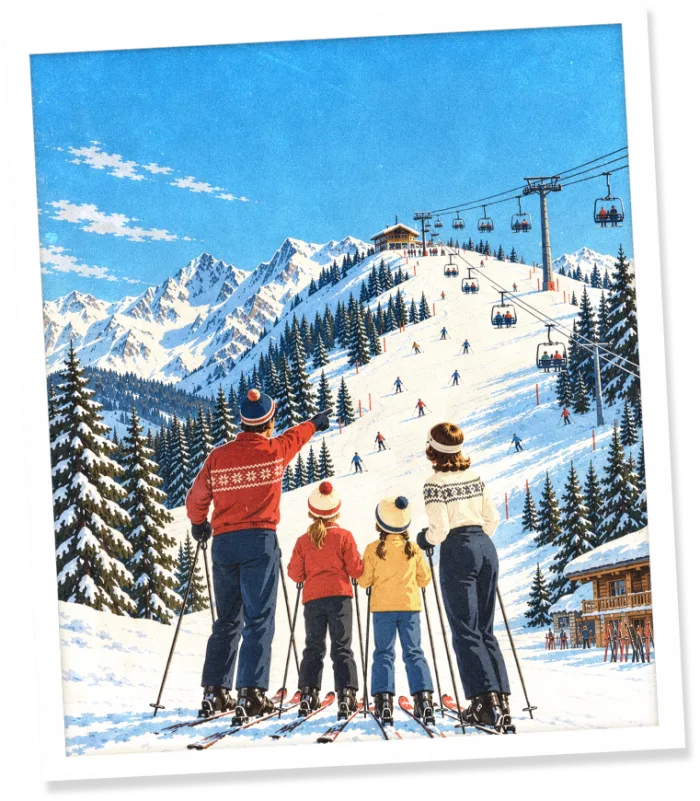 Carte postale : une famille à ski contemple une piste ensoleillée et un télésiège.